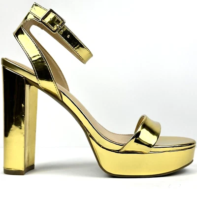 Bar III IVYP 专利金色女式高跟鞋 9 码踝带厚底特别活动 — 第 1/4 张图片