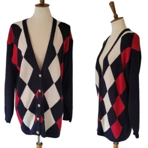 80's Casual Corner Navy Red Cream Argyle Ramie Cotton Cardigan - Picture 1 of 6
