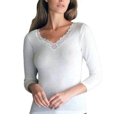 Women's T-shirt Gicipi Long Sleeve in Warm Wool with Macramé Lace Art 123 ML - Image 1 of 2