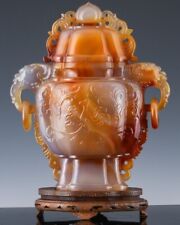 IMPRESSIVE LARGE CHINESE CARNELIAN DRAGON FIGURAL LIDDED VASE SILVER WIRE STAND