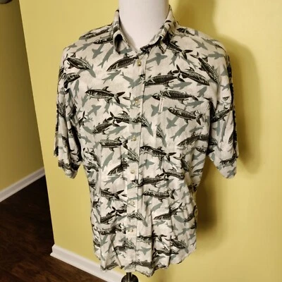 VTG Columbia Mens Fish Shark Print 20% Linen Short Sleeve Shirt Sz XL - Image 1 of 4