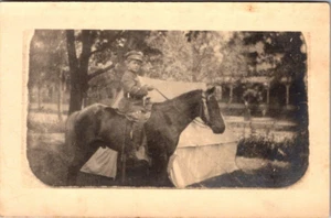 Young Boy, Military Uniform, Horseback, Tent, Photograph, 6" x 4" c 1920s #CP507 - Picture 1 of 2