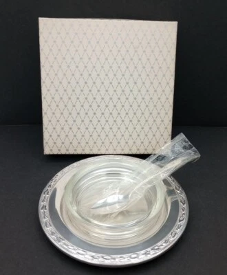Rodgers By ONEIDA Silversmiths Plate Glass Dish And Spoon Made In USA Vtg Boxed  - Image 1 of 4