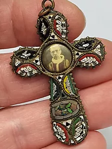 Colgante Cruz Religiosa Vintage Bronce y Micromosaico/Papa Pío XII - Imagen 1 de 15
