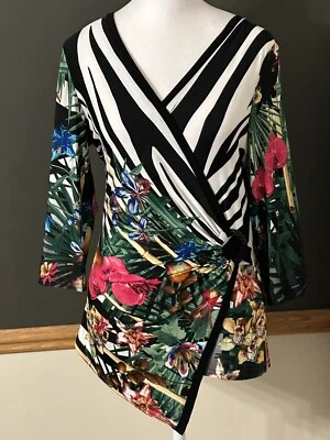 Top asimétrico Joseph Ribkoff estampado floral bambú multicolor a rayas talla 8 Foto 1 de 4