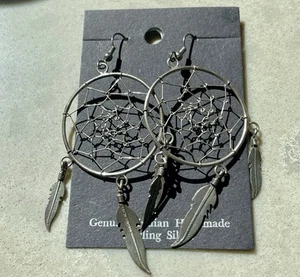 Vintage  Sterling Silver Dreamcatcher Earrings With Feather Accents - Picture 1 of 2