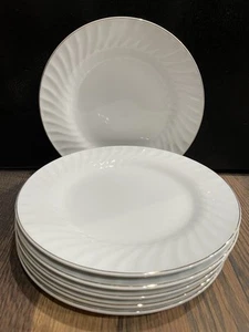 4+2 6 Royal Norfolk DINNER PLATES 10 3/4" White SWIRL Gold Trim ROUND - Picture 1 of 3
