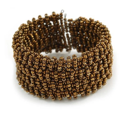 Trendy Bronze/ Antique Gold Glass Bead Flex Cuff Bracelet - Adjustable - Image 1 of 4