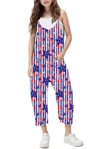 4th of July Jumpsuit For Girls American Flag Overalls Jumper Kids Loose Rompe... - Picture 1 of 4