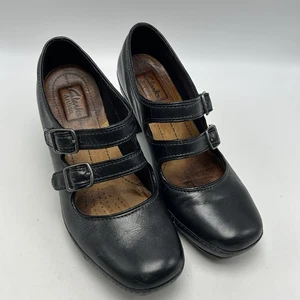 Clarks Artisan Heels Womens 7M Black Leather Mary Jane Shoes Double Buckle - Picture 1 of 11