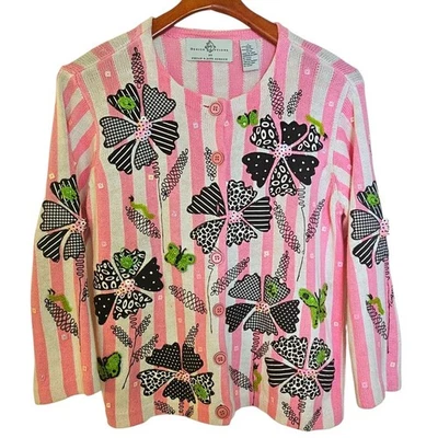 Cárdigan suéter tejido a rayas rosa y blanco opciones de diseño vintage con botones  Foto 1 de 4