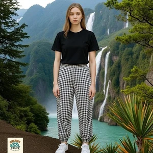 Stefano Größe Large Damen-Jogginghose weiß Gingham bequem lässig Retro-Stil - Bild 1 von 15