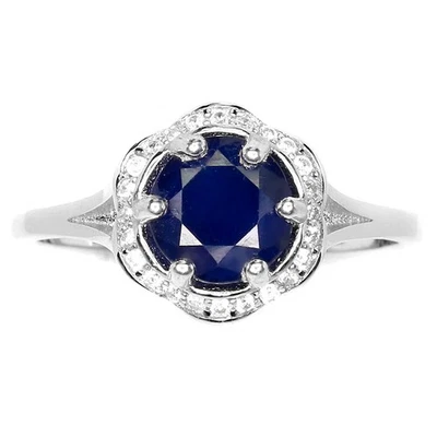 Anello in argento sterling 925 tondo zaffiro blu 7 mm zirconi gemma... - Immagine 1 di 4