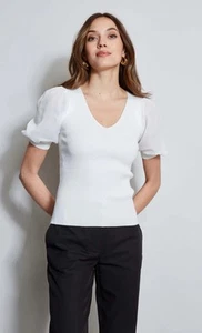 Elie. Tahari Eyelet Puff Sleeve Top Sz M White Tee Romantic Boho Career Party - Picture 1 of 7