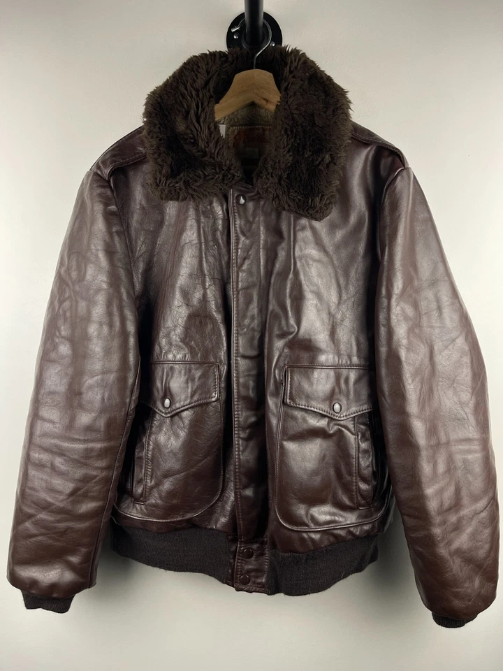 Vintage 80s Excelled Flight Bomber Fur Collar Brown Leather Jacket Size L - Image 1 of 4