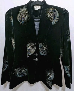 Vintage Black Velvet Paisley Top 6 Iridescent Peplum Shacket Vamp Witchy Fairy - Picture 1 of 11