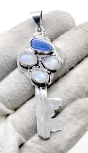 925 Sterling Silver Moonstone & Sapphire Gemstone Jewelry Pendant Size-2'' - Picture 1 of 3