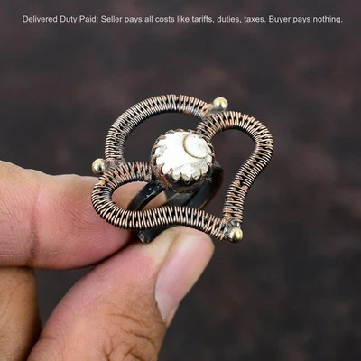 Anillo único apilable boho envuelto en alambre de piedras preciosas Shiva Eye Shell joyería cobre Foto 1 de 4