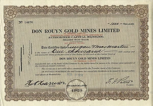 Canadá, Don Rouyn Gold Mines Limited 1934 certificado de stock, Quebec - Imagen 1 de 2