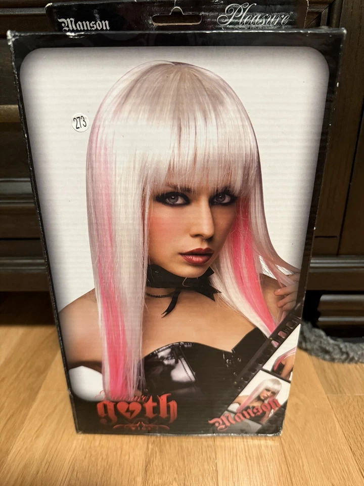 Sexy Peluca Blanca Rosa Rubia Flequillo Largo Cabello Humano Placer Pelucas Góticas Manson Foto 1 de 3