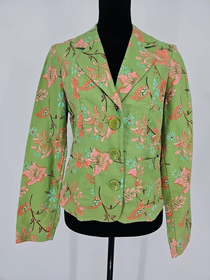 Blazer boho Harold's para mujer de lino verde floral talla 4  Foto 1 de 4