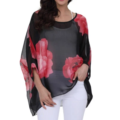 Womens Floral Batwing Sleeve Beach Loose Blouse Tunic Tops Caftan Poncho Tunic - Image 1 of 4