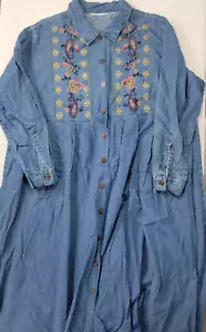 Unbranded Women's Long Sleeve Blue Denim Jean Dress Button Up Size 3X Embroidery - Picture 1 of 7