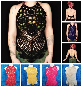 Halter Neck Crochet Top Hand Made Tie Back Bohemian Festival Summer Top - Picture 1 of 27