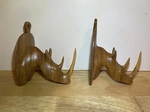 Pair Of Vintage Hand Carved Teak Wood Rhinoceros Head Wall Plaque - Picture 1 of 9