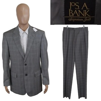 NEW Jos A Bank Signature Gold Sharkskin Check Gray Wool Suit 40L Unhemmed 34W - Image 1 of 4