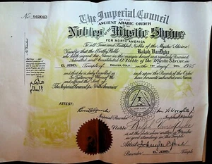Shriners AAONMS Membership Certificate 1945 El Jebel Temple Denver Colorado  - Picture 1 of 1