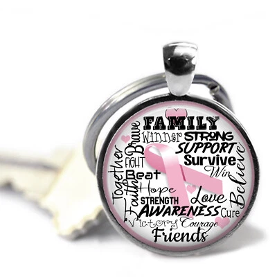 Llavero con cinta rosa soporte cáncer de mama conciencia vidrio superior hecho a mano Foto 1 de 2