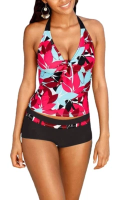 Tankini estampado floral tropical talla XL para mujer con pantalones cortos halter conjunto de natación Foto 1 de 4