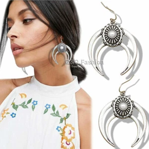 Retro Silver Crescent Moon Bull Buffalo Horn Pearl Concho Indian Dangle Earrings - Picture 1 of 7