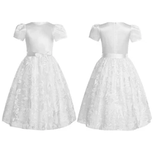 Girls Gown Bridesmaid Dress Short Sleeve Princess Communion Wedding A Line Prom - Picture 1 of 22
