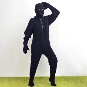 Black catsuit thick fuzzy mohair overall mittens socks separate balaclava, M-L - Picture 1 of 10