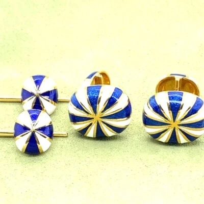 David Webb White & Blue  Enamel 18k Yellow Gold Cufflinks & Tuxedo Set. - Image 1 of 3