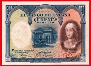 XF+, 500 Pesetas, 1927 ''Isabel la Catolica'' SPAIN, Scarce - Picture 1 of 2