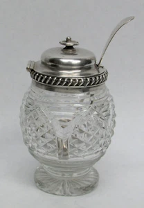 VASO E CUCCHIAIO CONDIMENTO GEORGE IV ARGENTO STERLING E CRISTALLO 1824 SHEFFIELD - Foto 1 di 12