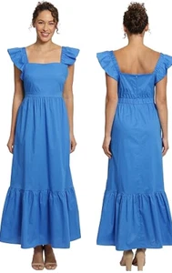 London Times Elastic Ruffle Sleeve Square Neck Tiered Maxi Dress Blue Women US 8 - Picture 1 of 14