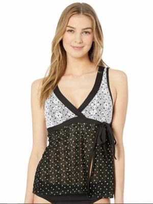Camiseta de baño Tankini Anne Cole para mujer en primer punto de encaje, negra/blanca, talla L Foto 1 de 4
