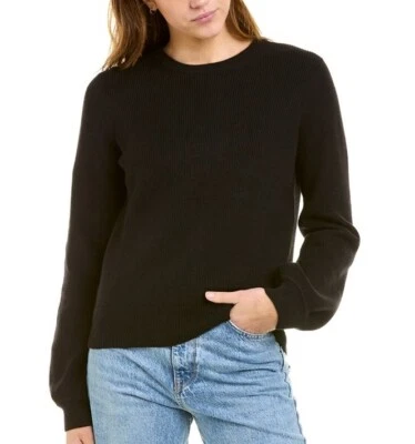 White + Warren Women's Sweater Crew Neck Black Cotton Silk Puff Sleeve Medium  - Image 1 of 4