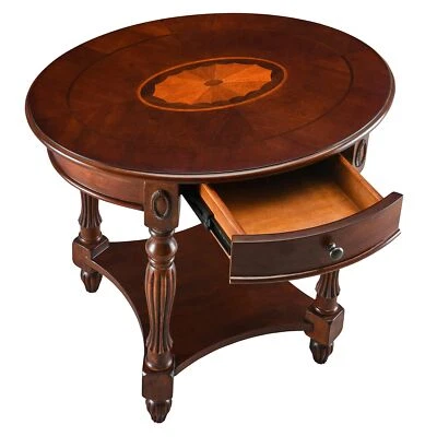 Solid Wood End Table with Drawer, Oval Sofa Side Cherry Walnut - Image 1 of 4