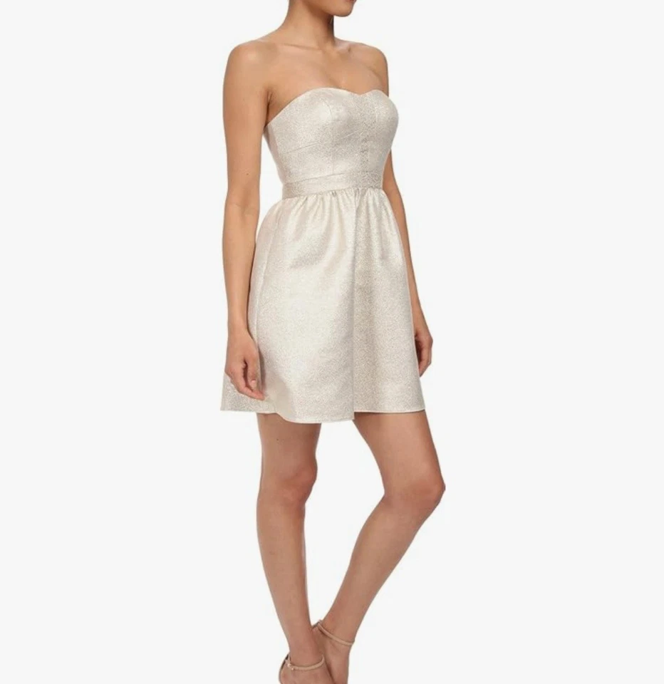 Vestido de fiesta dorado sin tirantes de jacquard ajustado y acampanado Aidan Mattox talla 2 Foto 1 de 4