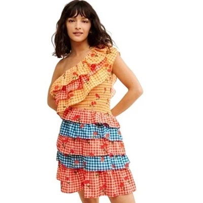 Farm Rio for Anthropologie One Shoulder Gingham Cherry Ruffle Mini Dress Small - Image 1 of 4