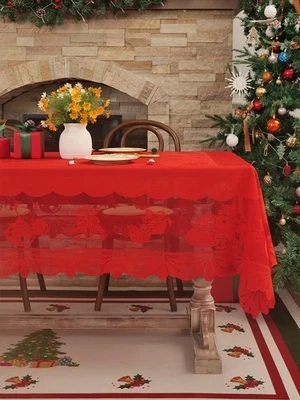 Christmas Red Lace Tablecloth, Vintage Red Lace Rectangular Tablecloth for Pa... - Image 1 of 4