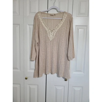 Kim Rogers 3x Mujer 3x Blusa Beige Con Ribete Crochet Encaje Foto 1 de 4