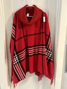 NWT Talbots Plus Fringed Poncho Womens 2X/3X Red Plaid Cowl Neck New - Picture 1 of 6