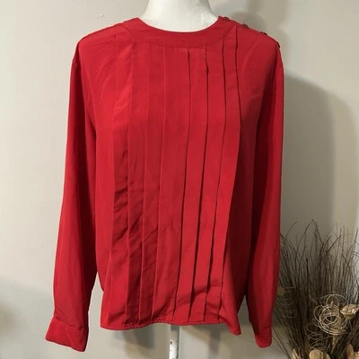 Vtg Jones Wear Women Blouse Red Pleated Front Shoulder Buttons Long Sleeve Sz 12 - Image 1 of 4