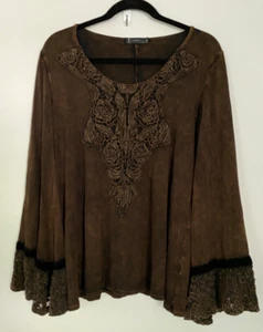 T Party Brown Mineral Wash Bell Sleeve Lace Y2K Tunic USA Made Womens L Boho Top - Picture 1 of 11